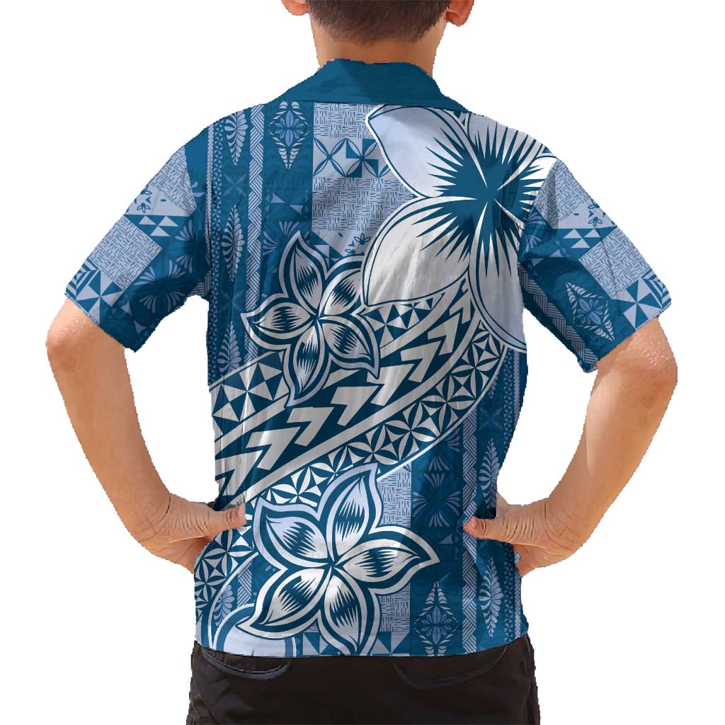 Tonga Kupesi Ngatu Family Matching Puletasi and Hawaiian Shirt Vintage Blue Plumeria