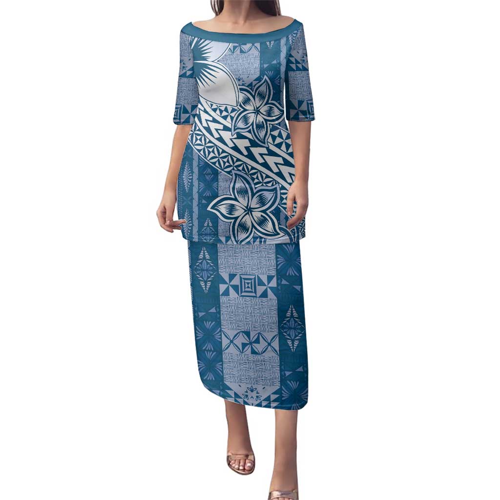 Tonga Kupesi Ngatu Family Matching Puletasi and Hawaiian Shirt Vintage Blue Plumeria