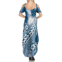 Tonga Kupesi Ngatu Family Matching Summer Maxi Dress and Hawaiian Shirt Vintage Blue Plumeria