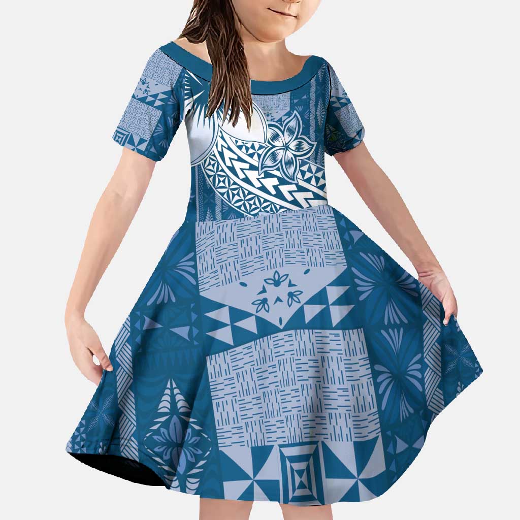 Tonga Kupesi Ngatu Family Matching Tank Maxi Dress and Hawaiian Shirt Vintage Blue Plumeria