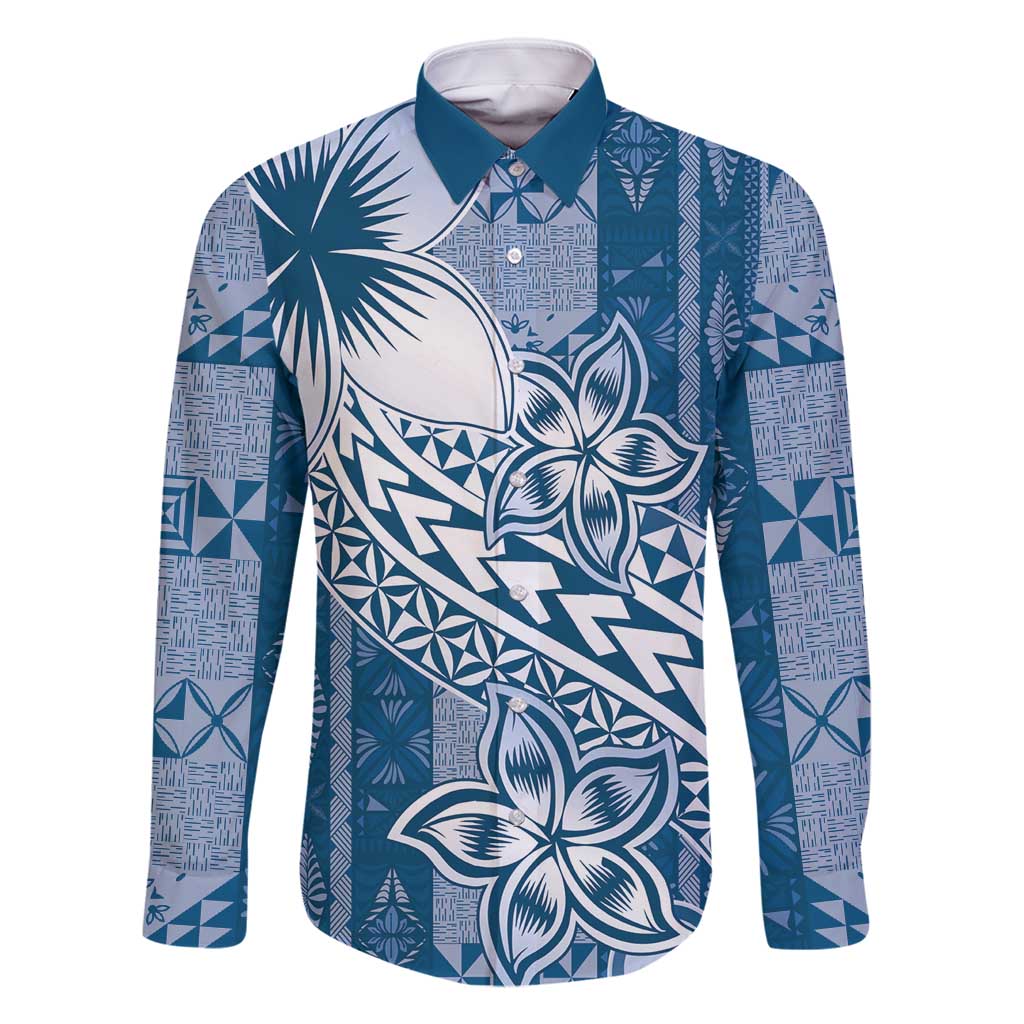 Tonga Kupesi Ngatu Family Matching Tank Maxi Dress and Hawaiian Shirt Vintage Blue Plumeria
