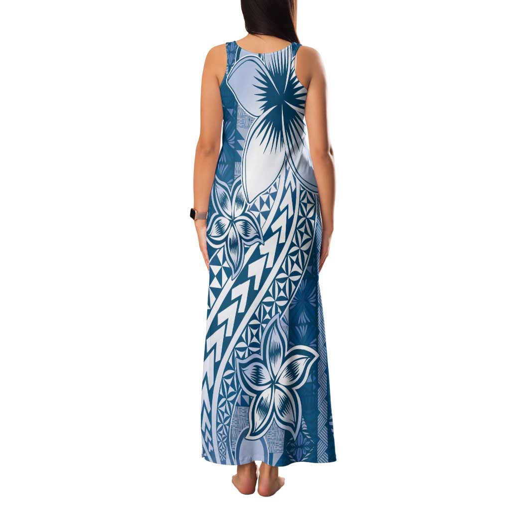 Tonga Kupesi Ngatu Family Matching Tank Maxi Dress and Hawaiian Shirt Vintage Blue Plumeria