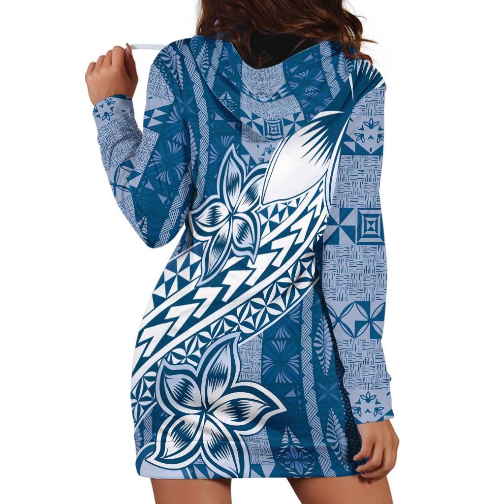 Tonga Kupesi Ngatu Hoodie Dress Vintage Blue Plumeria