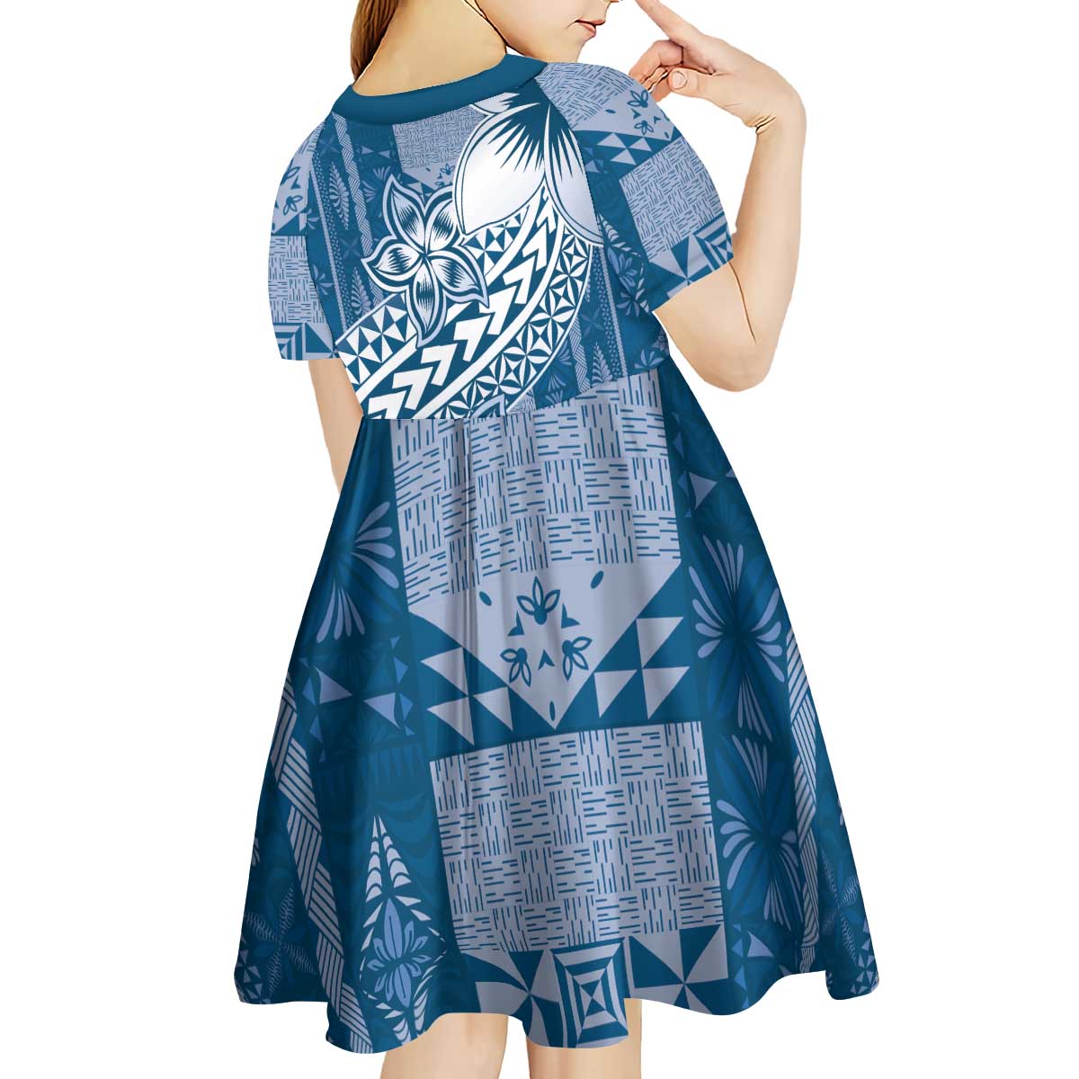 Tonga Kupesi Ngatu Kid Short Sleeve Dress Vintage Blue Plumeria