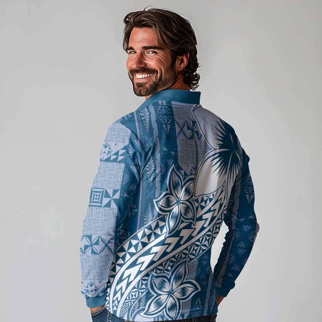Tonga Kupesi Ngatu Long Sleeve Polo Shirt Vintage Blue Plumeria