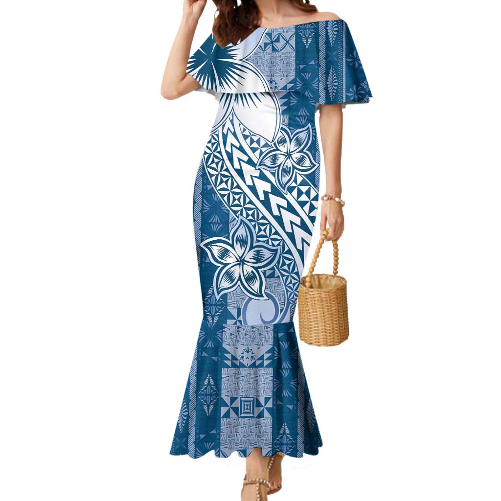 Tonga Kupesi Ngatu Mermaid Dress Vintage Blue Plumeria