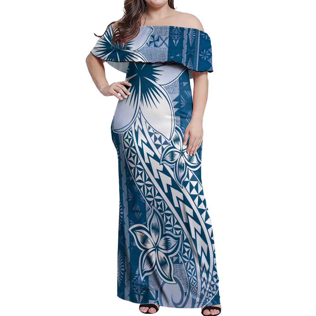 Tonga Kupesi Ngatu Off Shoulder Maxi Dress Vintage Blue Plumeria
