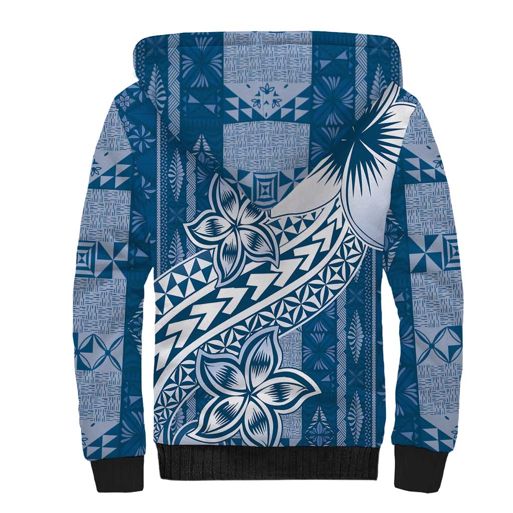 Tonga Kupesi Ngatu Sherpa Hoodie Vintage Blue Plumeria