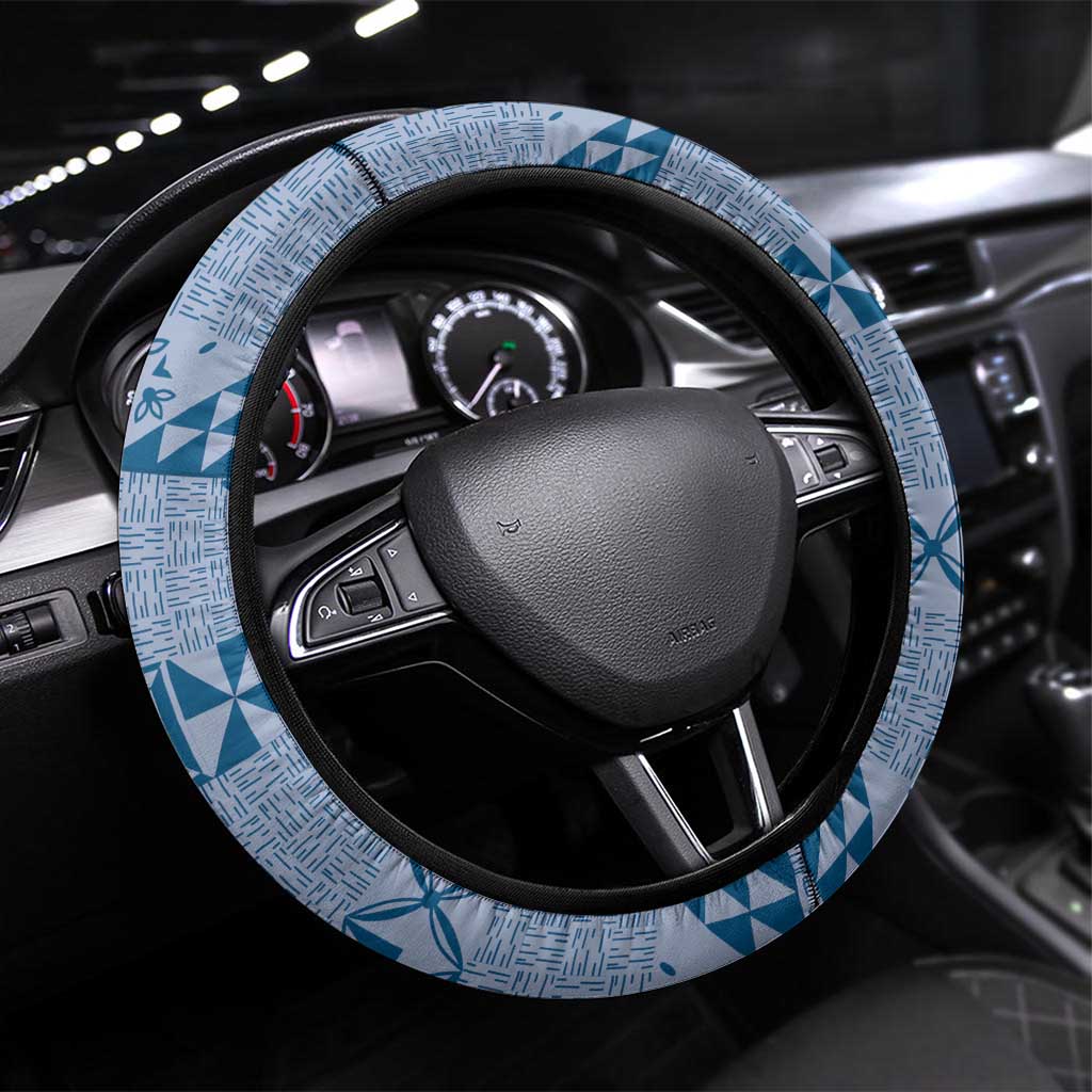 Tonga Kupesi Ngatu Steering Wheel Cover Vintage Blue Plumeria