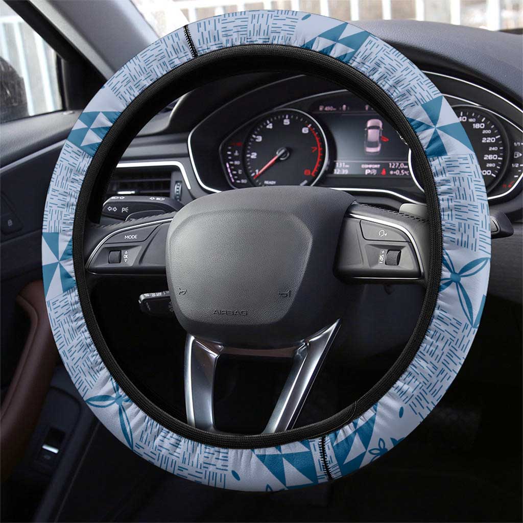 Tonga Kupesi Ngatu Steering Wheel Cover Vintage Blue Plumeria