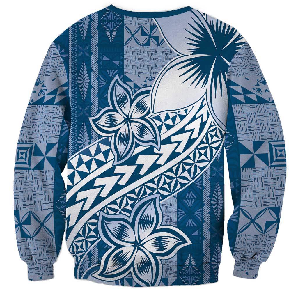 Tonga Kupesi Ngatu Sweatshirt Vintage Blue Plumeria LT05 - Polynesian Pride