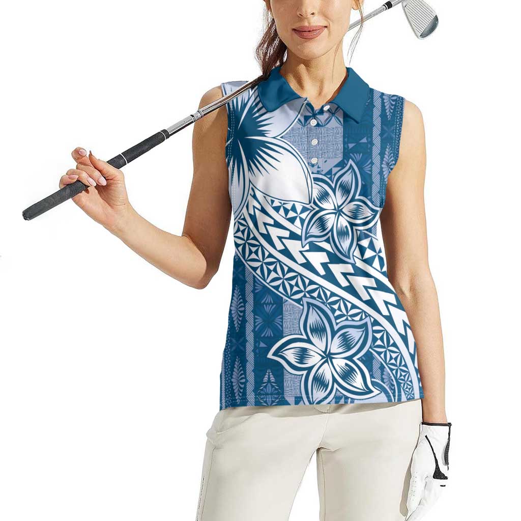 Tonga Kupesi Ngatu Women Sleeveless Polo Shirt Vintage Blue Plumeria