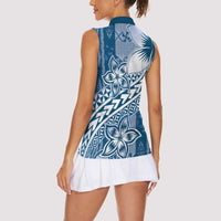 Tonga Kupesi Ngatu Women Sleeveless Polo Shirt Vintage Blue Plumeria