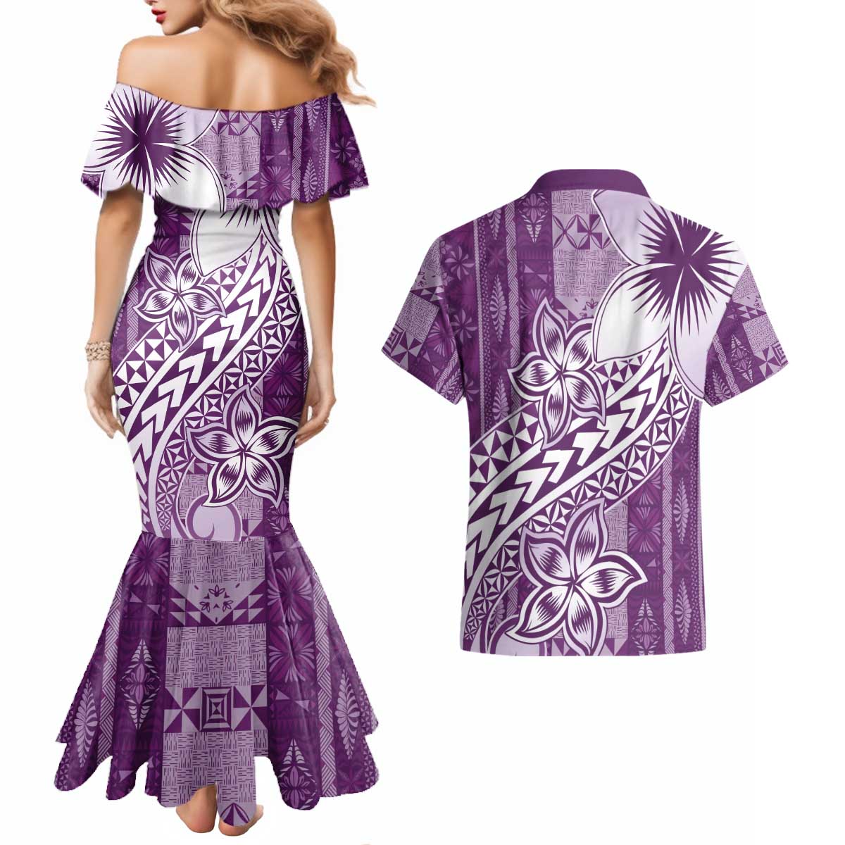 Tonga Kupesi Ngatu Couples Matching Mermaid Dress and Hawaiian Shirt Vintage Purple Plumeria