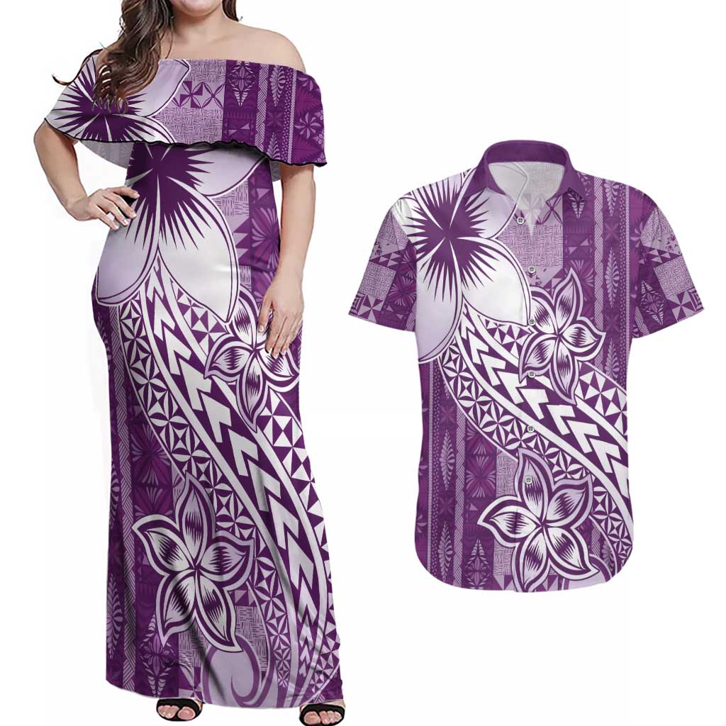 Tonga Kupesi Ngatu Couples Matching Off Shoulder Maxi Dress and Hawaiian Shirt Vintage Purple Plumeria