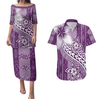 Tonga Kupesi Ngatu Couples Matching Puletasi and Hawaiian Shirt Vintage Purple Plumeria LT05 Purple - Polynesian Pride