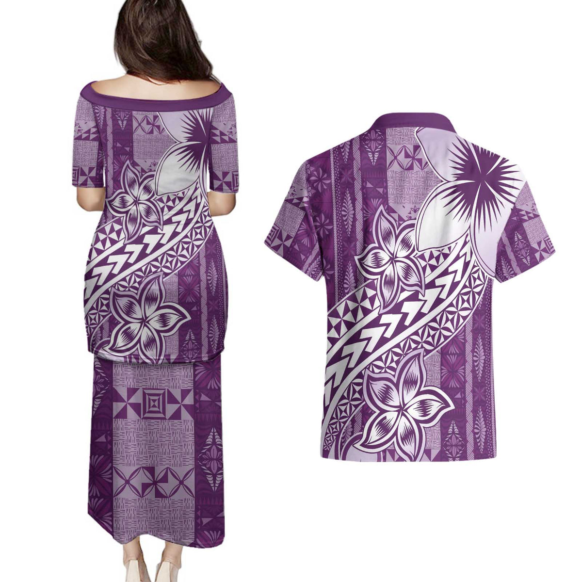 Tonga Kupesi Ngatu Couples Matching Puletasi and Hawaiian Shirt Vintage Purple Plumeria LT05 - Polynesian Pride