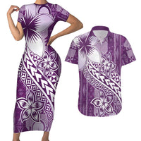 Tonga Kupesi Ngatu Couples Matching Short Sleeve Bodycon Dress and Hawaiian Shirt Vintage Purple Plumeria LT05 Purple - Polynesian Pride