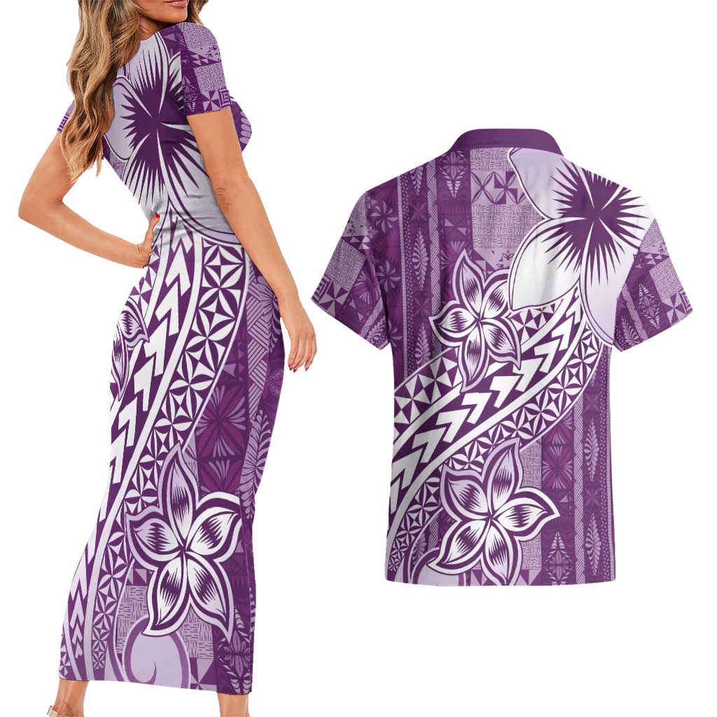 Tonga Kupesi Ngatu Couples Matching Short Sleeve Bodycon Dress and Hawaiian Shirt Vintage Purple Plumeria LT05 - Polynesian Pride