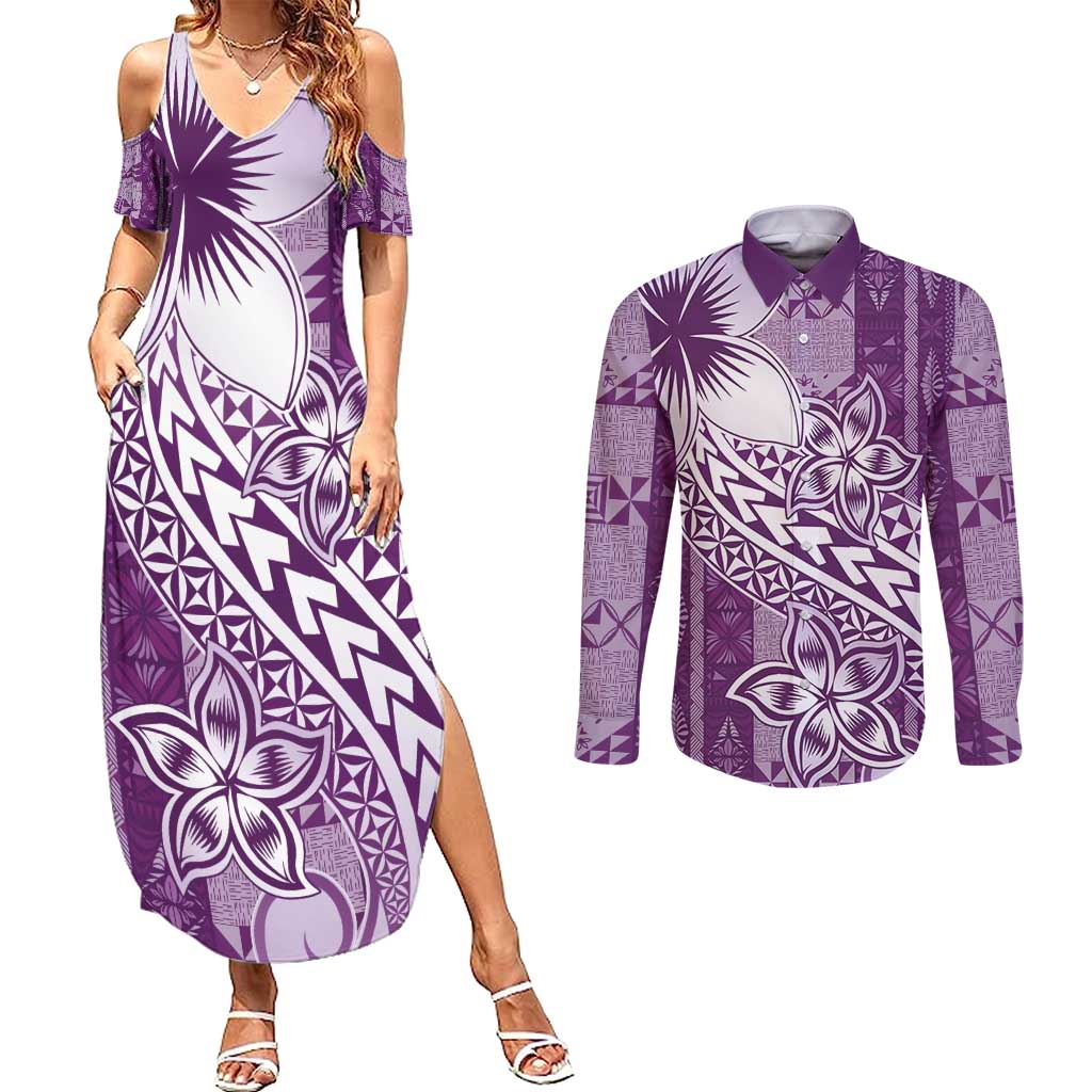 Tonga Kupesi Ngatu Couples Matching Summer Maxi Dress and Long Sleeve Button Shirt Vintage Purple Plumeria LT05 Purple - Polynesian Pride