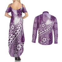 Tonga Kupesi Ngatu Couples Matching Summer Maxi Dress and Long Sleeve Button Shirt Vintage Purple Plumeria LT05 - Polynesian Pride