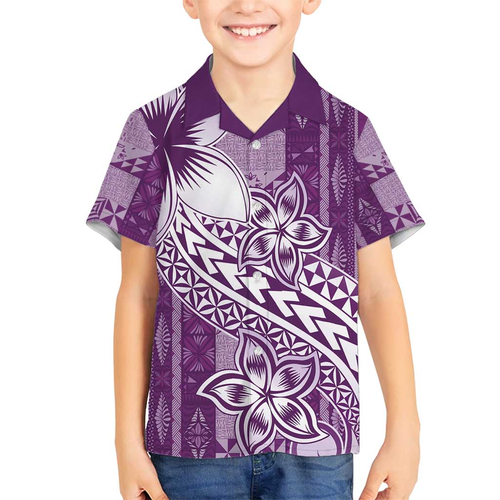 Tonga Kupesi Ngatu Family Matching Long Sleeve Bodycon Dress and Hawaiian Shirt Vintage Purple Plumeria