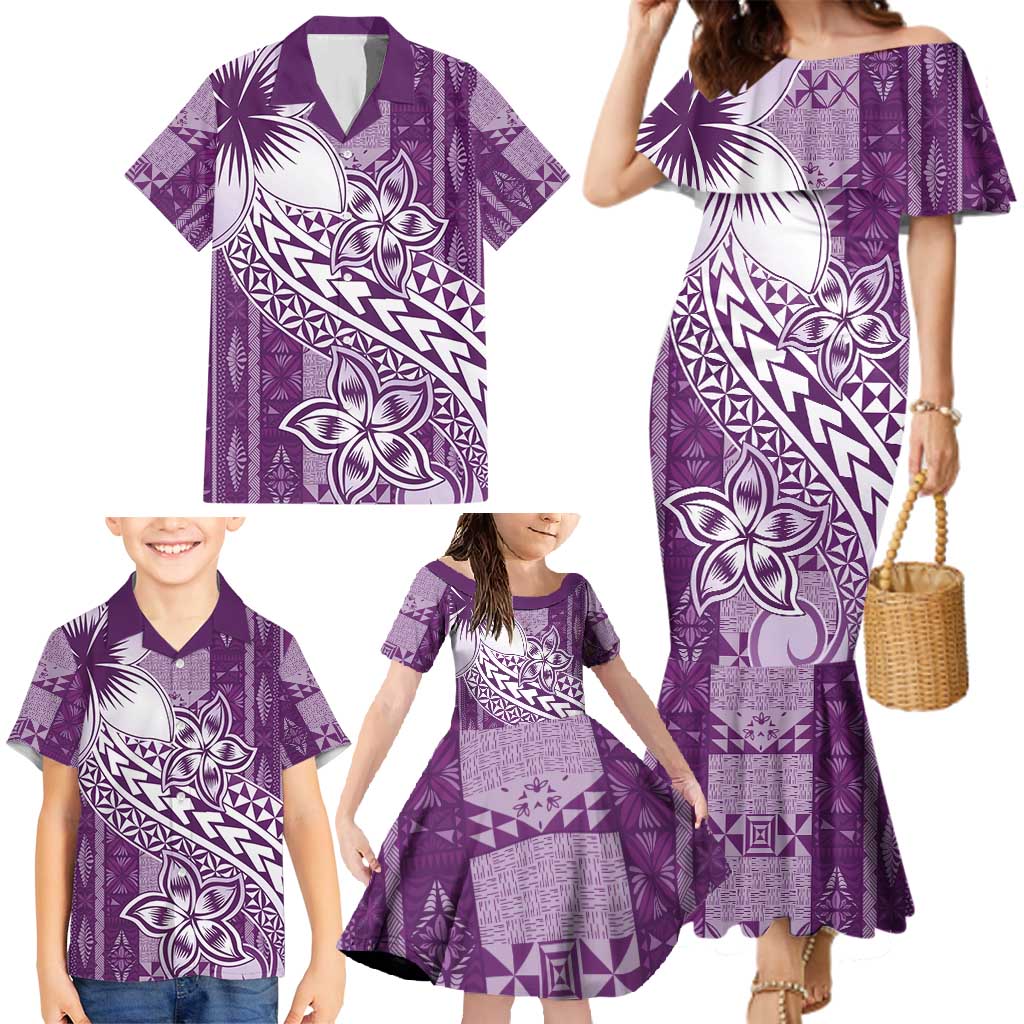 Tonga Kupesi Ngatu Family Matching Mermaid Dress and Hawaiian Shirt Vintage Purple Plumeria