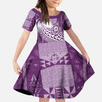Tonga Kupesi Ngatu Family Matching Off The Shoulder Long Sleeve Dress and Hawaiian Shirt Vintage Purple Plumeria