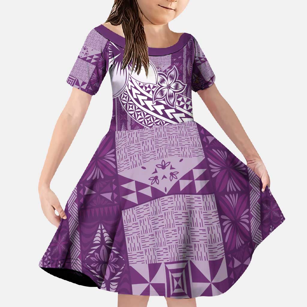 Tonga Kupesi Ngatu Family Matching Off Shoulder Maxi Dress and Hawaiian Shirt Vintage Purple Plumeria