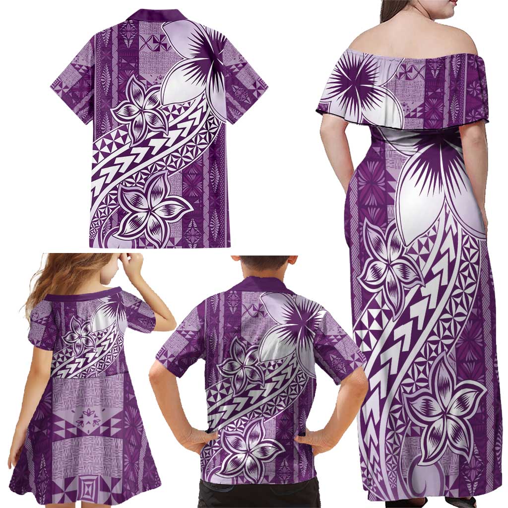 Tonga Kupesi Ngatu Family Matching Off Shoulder Maxi Dress and Hawaiian Shirt Vintage Purple Plumeria