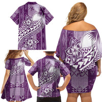 Tonga Kupesi Ngatu Family Matching Off Shoulder Short Dress and Hawaiian Shirt Vintage Purple Plumeria