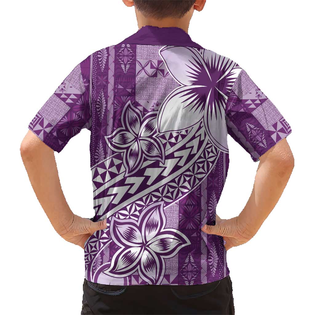 Tonga Kupesi Ngatu Family Matching Short Sleeve Bodycon Dress and Hawaiian Shirt Vintage Purple Plumeria