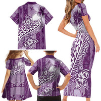 Tonga Kupesi Ngatu Family Matching Short Sleeve Bodycon Dress and Hawaiian Shirt Vintage Purple Plumeria