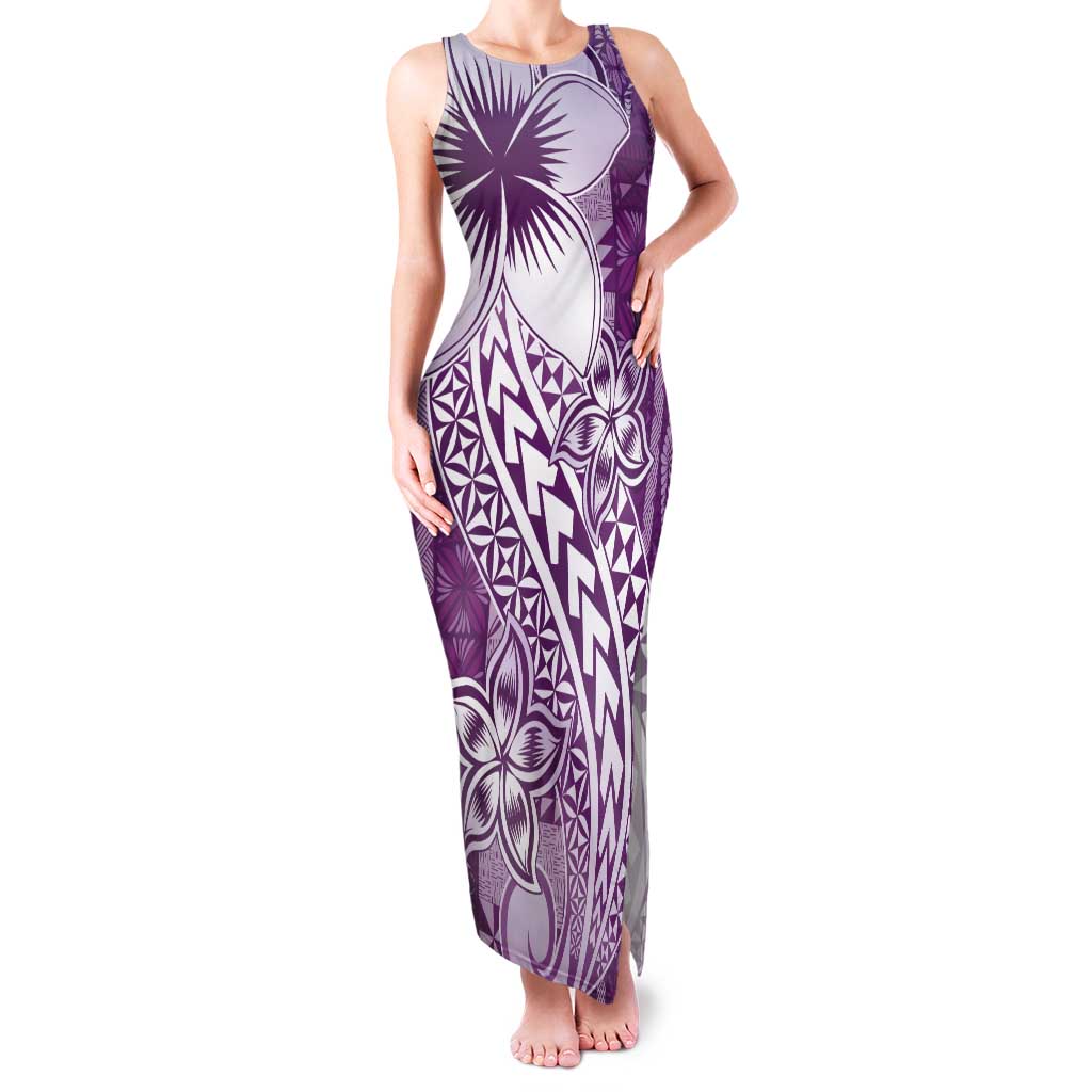 Tonga Kupesi Ngatu Family Matching Tank Maxi Dress and Hawaiian Shirt Vintage Purple Plumeria