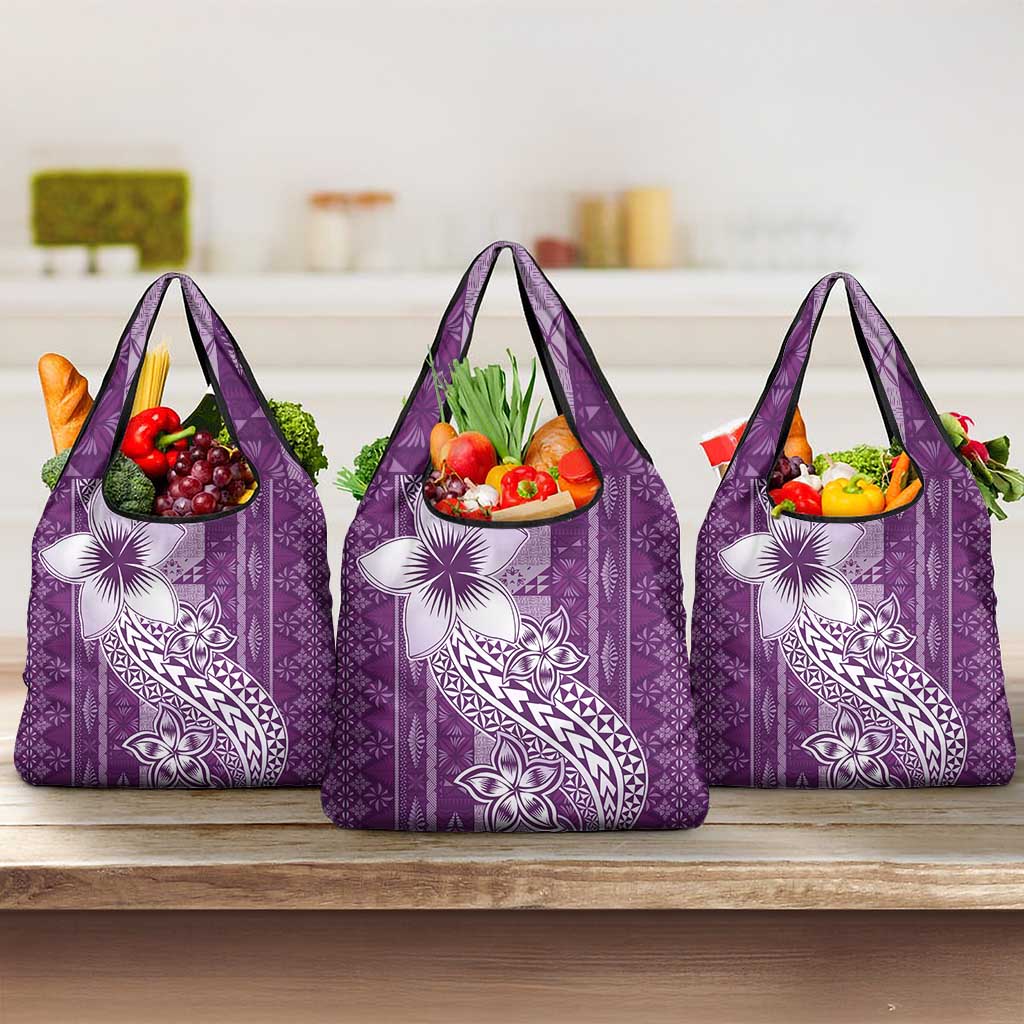 Tonga Kupesi Ngatu Grocery Bag Vintage Purple Plumeria LT05 3-pack One Size Purple - Polynesian Pride