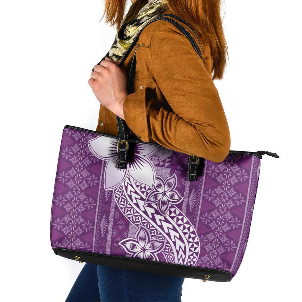 Tonga Kupesi Ngatu Leather Tote Bag Vintage Purple Plumeria
