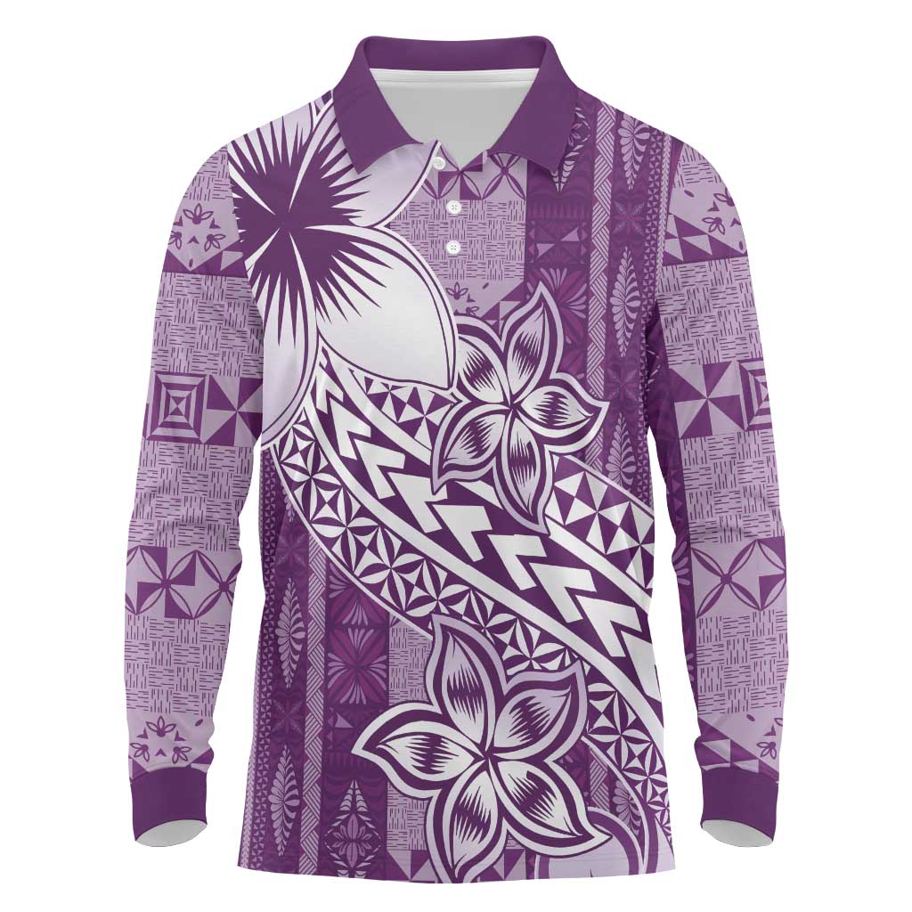 Tonga Kupesi Ngatu Long Sleeve Polo Shirt Vintage Purple Plumeria LT05 Purple - Polynesian Pride