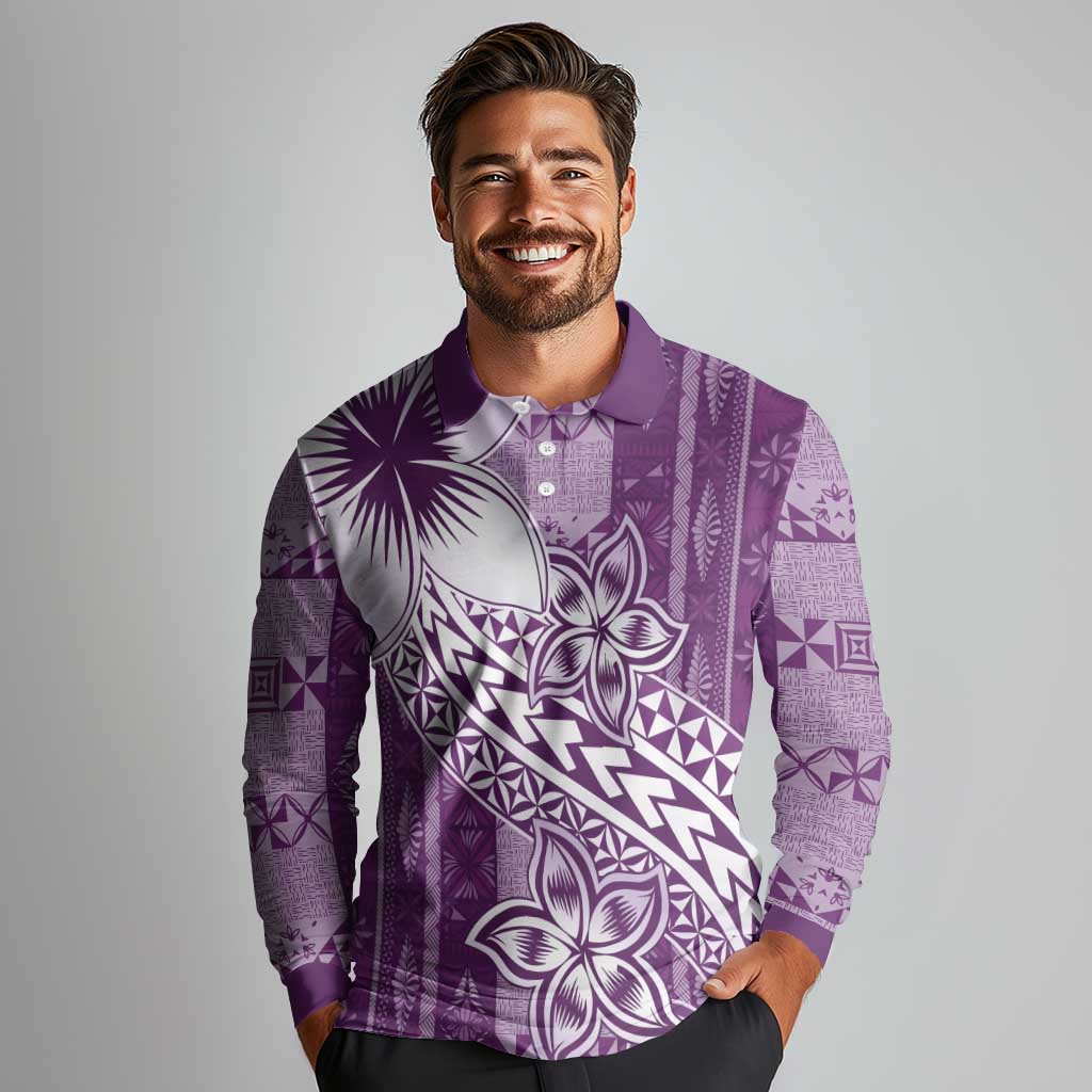 Tonga Kupesi Ngatu Long Sleeve Polo Shirt Vintage Purple Plumeria LT05 - Polynesian Pride
