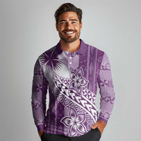 Tonga Kupesi Ngatu Long Sleeve Polo Shirt Vintage Purple Plumeria LT05 - Polynesian Pride