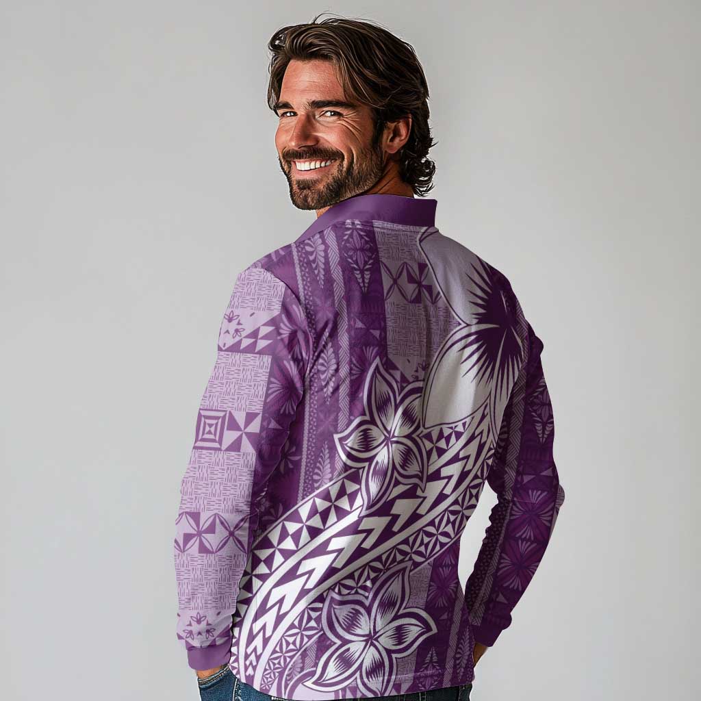 Tonga Kupesi Ngatu Long Sleeve Polo Shirt Vintage Purple Plumeria LT05 - Polynesian Pride