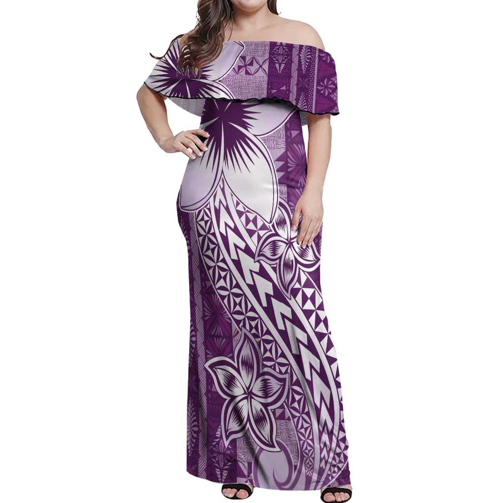Tonga Kupesi Ngatu Off Shoulder Maxi Dress Vintage Purple Plumeria