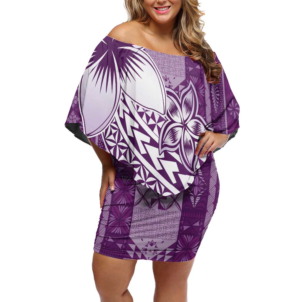 Tonga Kupesi Ngatu Off Shoulder Short Dress Vintage Purple Plumeria