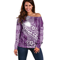 Tonga Kupesi Ngatu Off Shoulder Sweater Vintage Purple Plumeria