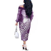 Tonga Kupesi Ngatu Off The Shoulder Long Sleeve Dress Vintage Purple Plumeria LT05 - Polynesian Pride