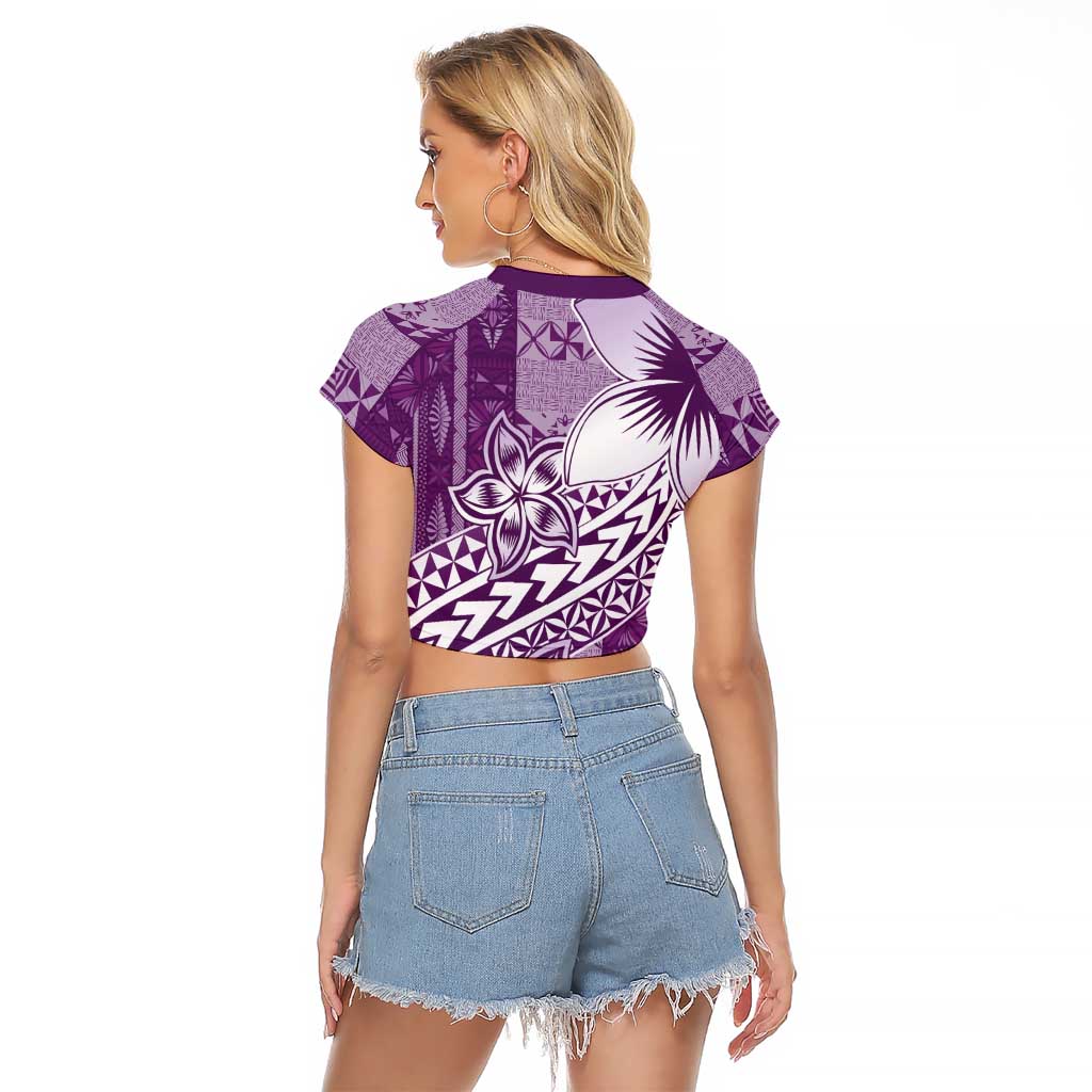 Tonga Kupesi Ngatu Raglan Cropped T Shirt Vintage Purple Plumeria LT05 - Polynesian Pride