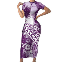 Tonga Kupesi Ngatu Short Sleeve Bodycon Dress Vintage Purple Plumeria