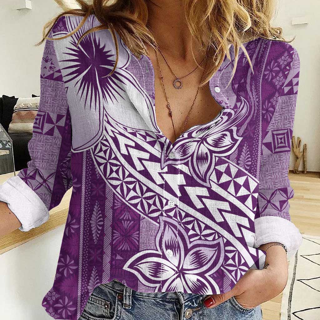 Tonga Kupesi Ngatu Women Casual Shirt Vintage Purple Plumeria