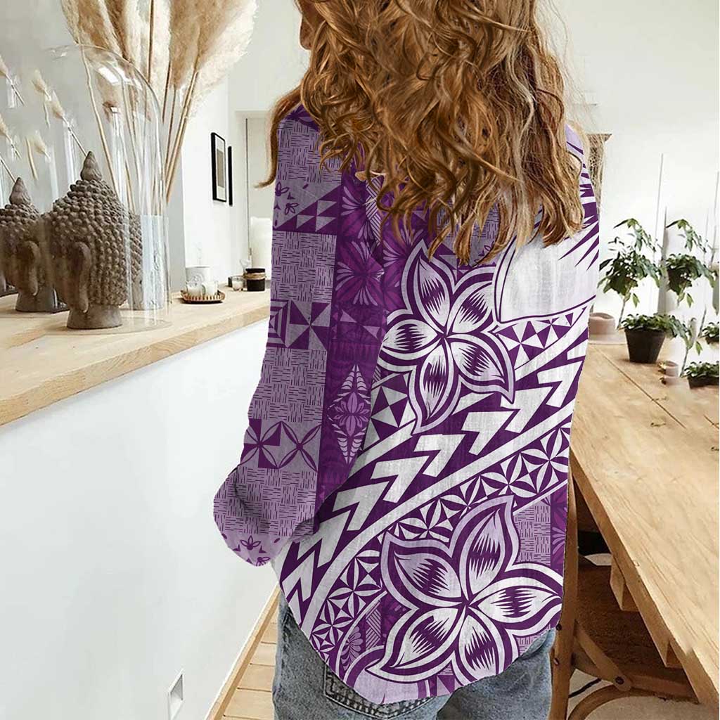 Tonga Kupesi Ngatu Women Casual Shirt Vintage Purple Plumeria
