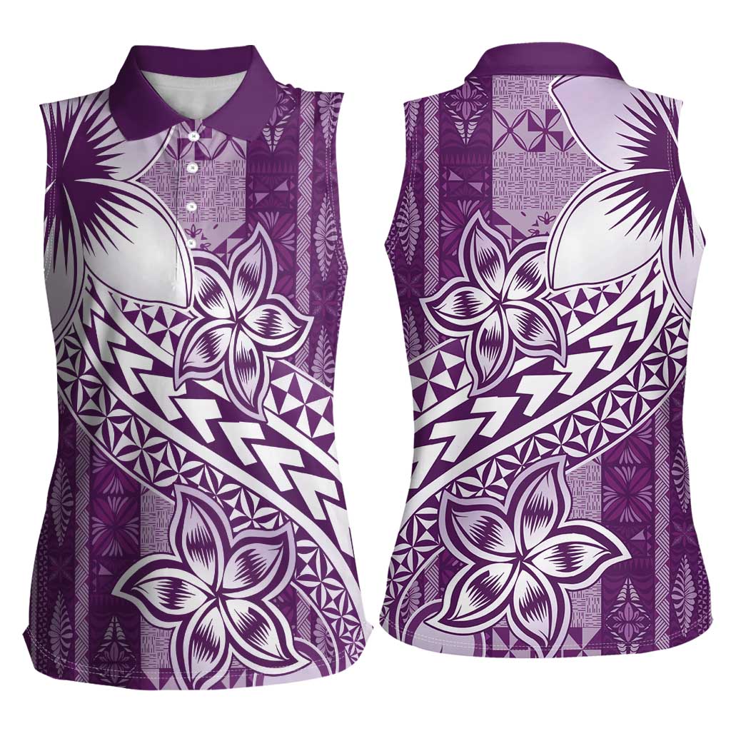 Tonga Kupesi Ngatu Women Sleeveless Polo Shirt Vintage Purple Plumeria LT05 - Polynesian Pride