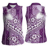Tonga Kupesi Ngatu Women Sleeveless Polo Shirt Vintage Purple Plumeria LT05 - Polynesian Pride